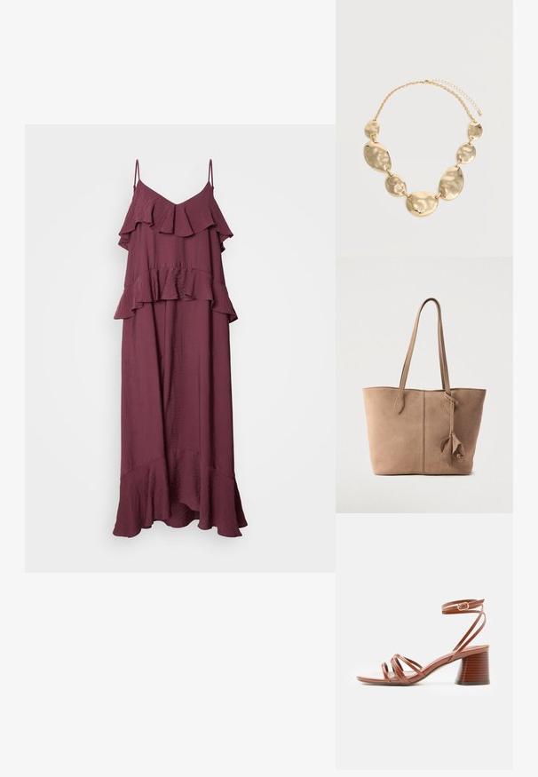 Robe maxi bordeaux avec bretelles spaghetti ajustables. Présente un design à volants superposés et un ourlet évasé, fabriquée à partir d'un tissu léger et texturé.; Sandale marron à brides avec talon bloc et boucle à la cheville, design minimaliste, texture en cuir lisse, vue de côté sur fond uni.; Sac fourre-tout en daim beige doux avec deux longues anses, un design simple et un détail noué sur le côté. Texture lisse sur toute la surface.; Collier chaîne ton or avec six plaques métalliques ovales et rondes irrégulières martelées reliées ensemble et fermoir ajustable.