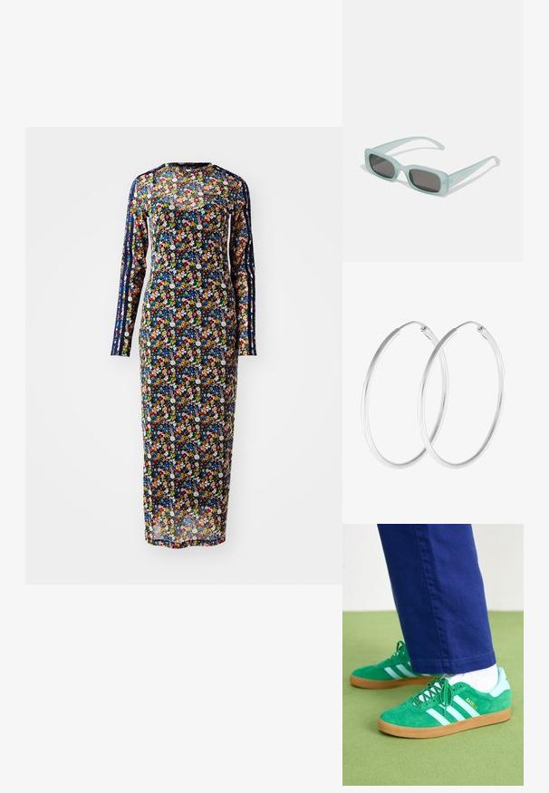 Vestido floral de manga larga en tela transparente con fondo azul marino, que presenta patrones de flores coloridas y franjas laterales en diferentes tonos.; Zapatillas de ante verde con rayas y detalles blancos, suela de goma, con cordones verdes y marca en el costado.; Un par de gafas de sol rectangulares con montura translucida azul clara y lentes gris oscuro, que cuentan con patillas rectas y detalles de hardware mínimos.; Pendientes de aro en tono plateado con forma redonda y un acabado pulido. Ambos pendientes son del mismo tamaño y cuentan con un mecanismo de cierre seguro.