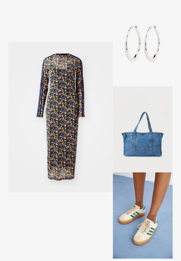 Pikad varrukad, lilleline kleit läbipaistvast kangast sinisel taustal, millel on värvikirevad lilleseerud ja külgmised triibud erinevates toonides.; Beezid kingad tumeroheliste triipudega, kummitald, samet- ja tekstiilülemine ning neutraalne riistvara, koos pruunide sokkidega helesinisel pinnal.; Sinine teksariidest ostukott kahe pika sangaga ja esitaskuga, taustal hele ühevärviline pind.; Hõbedased rõngaskõrvarõngad siledast ja läikivast viimistlusest. Ringikujuline, sisaldab kindlat kinnitust. Lihtne ja elegantne disain.