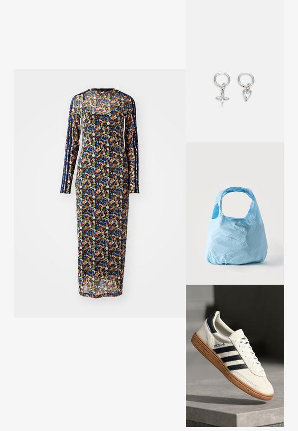 Langærmet blomsterkjole i gennemsigtigt stof med en marineblå baggrund, der har farverige blomstermønstre og sidekanter i varierende nuancer.; Hvide ruskinds sneakers med marineblå striber, gummisål, struktureret overdel, rund tå og snøring; har branding på siden og tungen.; Lyseblå genanvendelig indkøbs taske med brede håndtag, let krøllet stof, stående oprejst på en ensfarvet hvid baggrund.; Sølv hoop øreringe med et kors og hjerte charm. Glat, skinnende tekstur med en poleret finish. Hver charm hænger fra en sikker løkke.