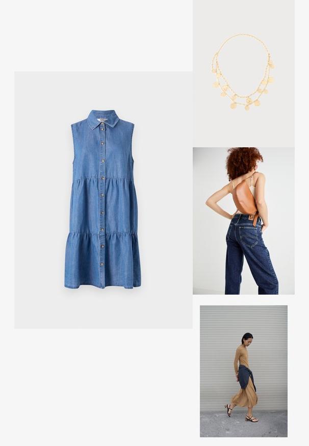 Denim-sleevetön mekko, jossa on napitettava etuosa, kerroksellinen röyhelöhame, pistekaulus ja vaalea sininen väri.; Nainen kävelee vaaleanruskeassa pitkässä mekossa ja mustissa sandaleissa, tumman neuleen sidottuna vyötärön ympärille, suljetun kaihtimen edessä.; Ruskea nahkareppu, jossa on ainutlaatuinen kaareva muotoilu. Kuljetaan vinosti, yhdistettynä korkeavyötäröisiin sinisiin farkkuihin, joissa on keltaiset ompeleet.; Kaksikerroksinen kultainen ketjukaulakoru, jossa on erilaisia pieniä pyöreitä kolikonmuotoisia riipuksia, jotka ovat tasaisesti sijoitettu ketjuihin vaalealla taustalla.