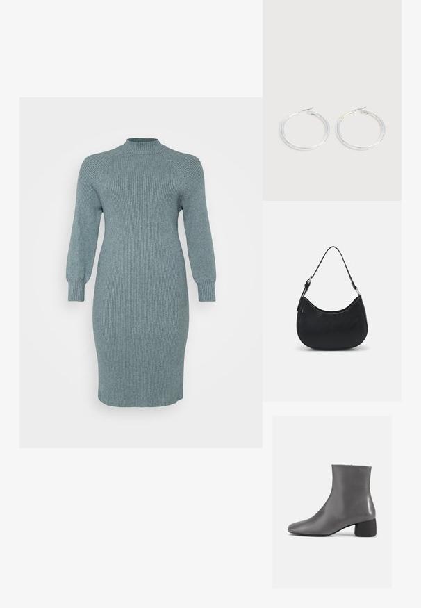 Ribbed teal Strickkleid mit langen Puffärmeln und hohem Halsauschnitt, taillierte Passform, knielang, strukturierte Oberfläche, keine sichtbaren Muster oder Hardware.; Grau Leder Stiefelette mit einem eleganten Design, spitzem Zehenbereich und einem kurzen Blockabsatz. Glatte Textur mit minimaler Markenkennzeichnung an der Seite.; Schwarze Hobo-Tasche aus glattem Leder mit einer geschwungenen Silhouette, ausgestattet mit einem einzelnen verstellbaren Trageriemen und minimalistischem Design.; Paar glänzende silberne Creolen mit dünnen Drahtverschlüssen, dargestellt vor einem hellgrauen Hintergrund.