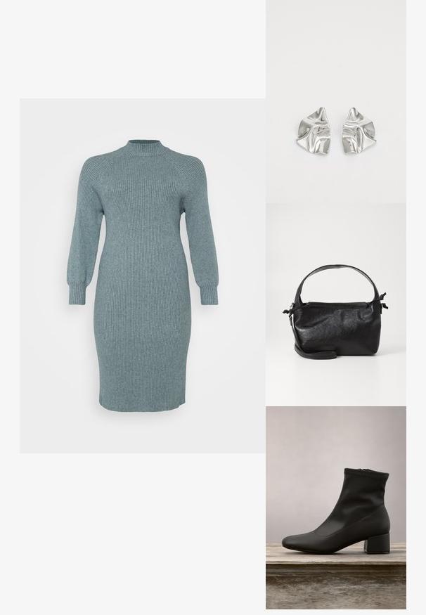 Ribbed teal Strickkleid mit langen Puffärmeln und hohem Halsauschnitt, taillierte Passform, knielang, strukturierte Oberfläche, keine sichtbaren Muster oder Hardware.; Schwarzer Knöchelstiefel mit glattem, glänzendem Lederfinish, schrägem Blockabsatz und einem eng anliegenden, elastischen Schaft für eine schlanke Silhouette.; Schwarze Lederhandtasche mit strukturiertem Design, rundem Haltegriff und abnehmbarem Schulterriemen. Sie weist eine glatte Oberfläche und einen subtilen Glanz auf.; Silberne Metallohrringe mit einem wellenförmigen, skulpturalen Design, das eine polierte Oberfläche und unregelmäßige Formen aufweist, die eine zeitgenössische Ästhetik betonen.