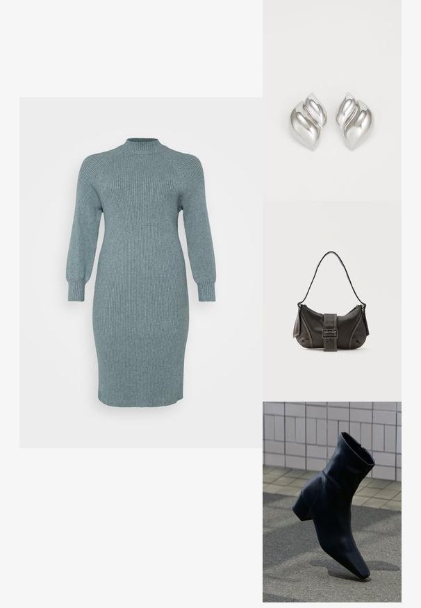 Ribbed teal Strickkleid mit langen Puffärmeln und hohem Halsauschnitt, taillierte Passform, knielang, strukturierte Oberfläche, keine sichtbaren Muster oder Hardware.; Schwarzer Leder-Stiefelette mit Blockabsatz, stehend auf einer strukturierten Asphaltoberfläche nahe einer gefliesten Wand.; Schwarze Leder-Schultertasche mit Schnallengurt-Detail, abgerundeten Kanten und kontrastierenden weißen Nähten auf schlichtem Hintergrund.; Silberne Ohrringe mit einer organischen, abstrakten Form. Glatte, glänzende Oberfläche mit einem konischen Design. Mit dezenten Kurven und einem zentralen Linienelement.