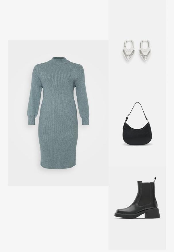 Vestido de punto de color verde azulado con mangas largas abullonadas y un cuello alto, ajuste entallado, hasta la rodilla, acabado texturizado, sin patrones visibles ni elementos metálicos.; Botas de cuero negro hasta el tobillo con paneles laterales elásticos, punta redondeada y un tacón grueso. Textura suave con un diseño minimalista.; Bolso hobo negro hecho de cuero suave con una silueta curva, que cuenta con una sola correa ajustable y detalles de diseño minimalistas.; Candados en forma de corazón de plata con inscripciones grabadas de "SÍ" y "NO", acabado pulido, diseño simétrico y un robusto cierre de metal.
