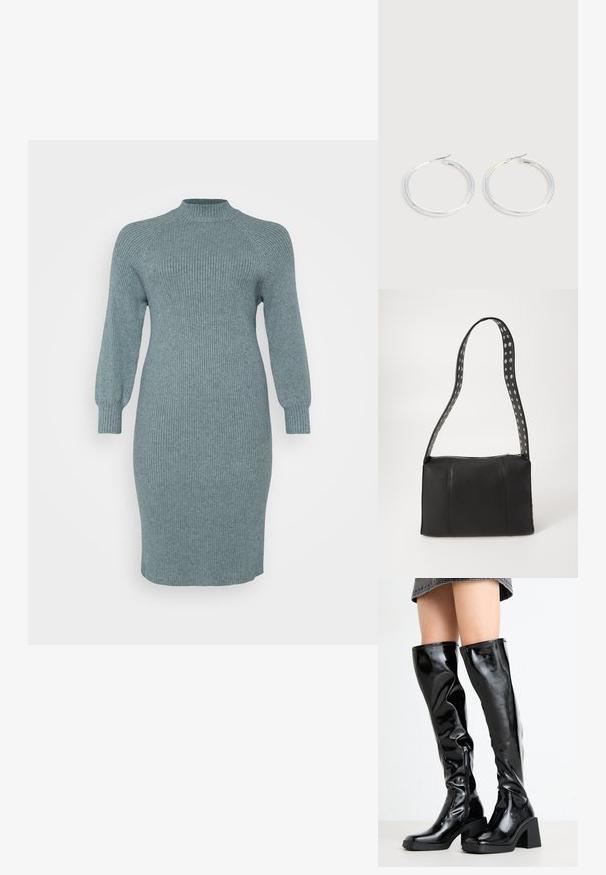 Robe en tricot côtelé teal avec de longues manches bouffantes et un col montant, coupe ajustée, longueur genoux, finition texturée, sans motifs ni accessoires visibles.; Bottes noires, brillantes, montantes jusqu'aux genoux, avec un bout carré et un talon épais. Présentent une fermeture éclair latérale et un design ajusté en texture.; Sac à main en cuir noir de forme rectangulaire, doté d'une fermeture éclair et d'une bandoulière à pois. Texture lisse, détails de couture minimaux.; Paire de boucles d'oreilles créoles argentées brillantes avec fermoirs en fil fin, présentée sur un fond gris clair.