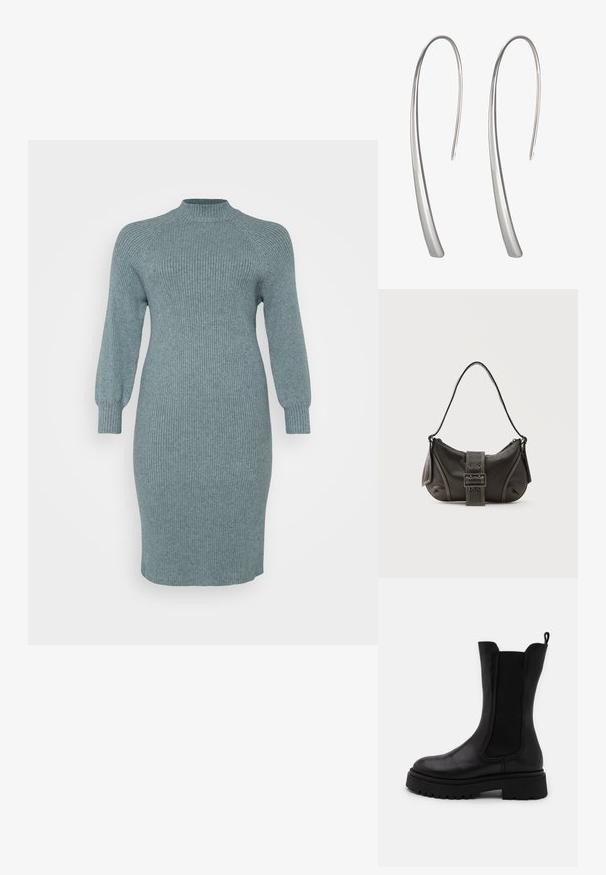 Robe en tricot côtelé teal avec de longues manches bouffantes et un col montant, coupe ajustée, longueur genoux, finition texturée, sans motifs ni accessoires visibles.; Bottines noires mi-mollet en cuir lisse avec des panneaux latéraux élastiques. Semelle en caoutchouc épaisse avec un motif de grip et une languette en tissu à l'arrière.; Sac à épaule en cuir noir avec une sangle à boucle, des bords arrondis et des coutures blanches contrastées sur un fond uni.; Boucles d'oreilles pendantes en argent long avec un design élégant et allongé et une surface lisse et polie. Présente une forme courbée minimaliste.