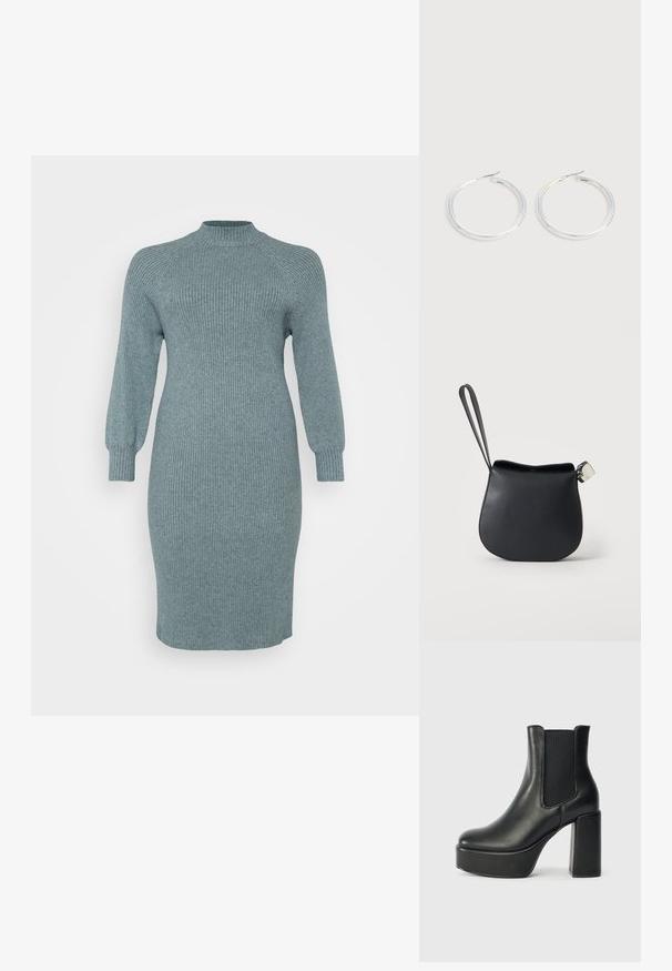 Ribbed teal Strickkleid mit langen Puffärmeln und hohem Halsauschnitt, taillierte Passform, knielang, strukturierte Oberfläche, keine sichtbaren Muster oder Hardware.; Schwarze Leder-Stiefelette mit klobigem Blockabsatz, elastischen Seitenpaneelen und glatter Oberfläche. Verfügt über eine Plateausohle für zusätzlichen Schwung.; Schwarze Leder-Handgelenktasche mit abgerundetem Boden und silbernem Verschluss auf schlichtem weißem Hintergrund.; Paar glänzende silberne Creolen mit dünnen Drahtverschlüssen, dargestellt vor einem hellgrauen Hintergrund.