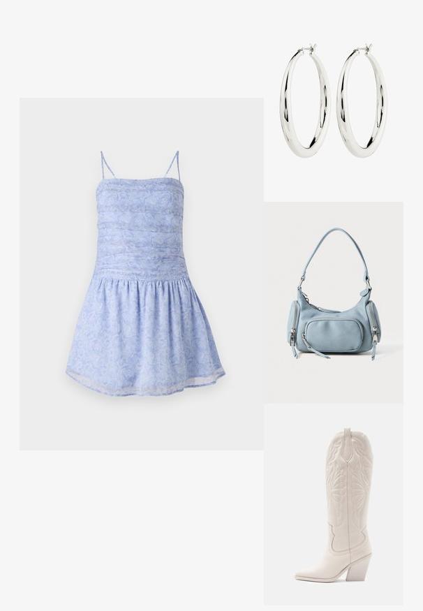 Un vestido de verano azul claro con tirantes finos, cuerpo fruncido y dobladillo acampanado; presenta un patrón floral y una tela suave y ligera.; Bota vaquera de cuero blanco con punta afilada y tacón bloqueado. Presenta patrones de costura intrincados en el caña y una textura suave.; Bolso de mano de cuero azul claro con forma redondeada, dos bolsillos con cremallera, un asa corta y acentos de hardware en plata. Textura suave.; Pendientes de aro de plata con una superficie lisa y reflectante. Forma redonda y grande con un cierre seguro en la parte superior. El acabado pulido resalta el brillo.