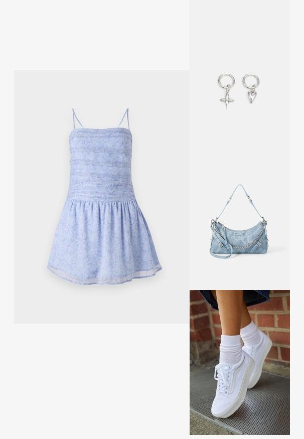 Lysblå sommerkjole med tynde stropper, rynket bodice og udvidet kant; har blomsterprint og glat, letvægtsstof.; Hvide lærreds sneakers med gummisåler, der har seks snørehuller, rund tå og let sømdetaljer, krydret med hvide ankelstrømper.; ALDO FARALAELIAX - Håndtasker - blue; Sølv hoop øreringe med et kors og hjerte charm. Glat, skinnende tekstur med en poleret finish. Hver charm hænger fra en sikker løkke.