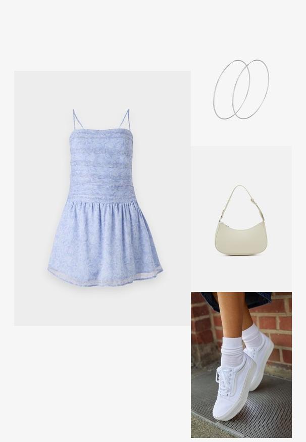 Himmelblaues Sommerkleid mit dünnen Trägern, gerafftem Oberteil und schwingendem Saum; es hat ein Blumenmuster und einen glatten, leichten Stoff.; Weiße Leinensneaker mit Gummisohlen, ausgestattet mit sechs Ösen, runder Zehenpartie und dezenten Nähten, kombiniert mit weißen Knöchelsocken.; Pieces PCALUANA SHOULDER BAG - Handtasche - birch; Silberne Creolen mit minimalistischem Design. Rundform, glatte Oberfläche und dünnes Profil. Leichtgewichtig mit hochglänzender Oberfläche.