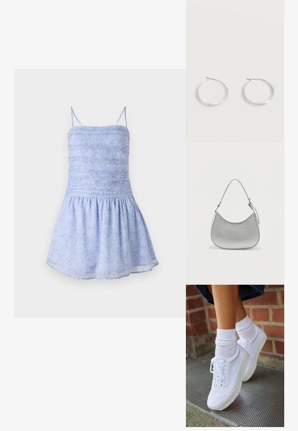 Un vestido de verano azul claro con tirantes finos, cuerpo fruncido y dobladillo acampanado; presenta un patrón floral y una tela suave y ligera.; Zapatillas de lona blancas con suelas de goma, que presentan seis ojales, puntera redonda y detalles de costura ligera, combinadas con calcetines blancos hasta el tobillo.; Bolso de mano de imitación cuero plateado con forma curva, correa corta ajustable y textura suave, que presenta un detalle de costura minimalista.; Pendientes de aro de metal plateado con superficie lisa y ligeramente curvada y cierre de tipo mosquetón sobre un fondo blanco liso.