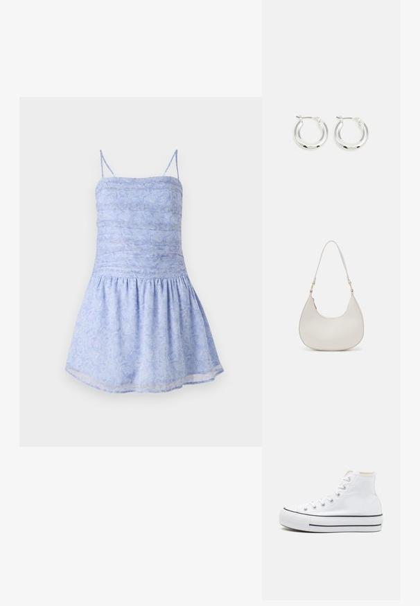 Himmelblaues Sommerkleid mit dünnen Trägern, gerafftem Oberteil und schwingendem Saum; es hat ein Blumenmuster und einen glatten, leichten Stoff.; Weiße High-Top-Sneaker aus einem Material aus Segeltuch, mit schwarzer Gummisohle und kontrastierendem schwarzen Streifen auf der Zwischensohle. Runde Zehenkappe und Schnürdesign.; Cremfarbene Leder-Schultertasche mit einer Halbmondform, dünnem Schulterriemen und subtilen Stichdetails. Minimalistisches Design mit goldfarbenen Hardware-Akzenten.; Silberne Creolen mit glänzender Oberfläche, die eine kreisrunde Form haben und mit einem schwenkbaren Verschluss ausgestattet sind. Glatte Textur mit minimalen Details.