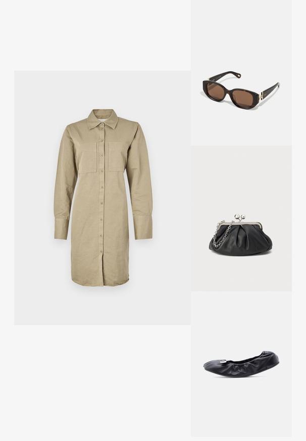 Khaki langærmet skjortekjole lavet af bomuld, med knaplukning foran, to brystlommer og en buet kant.; Sort læder flad sko med rundet tå og rynket design langs åbningen. Har en diskret sølvfarvet hardware detalje foran.; Brune skildpaddesolbriller med rektangulære linser, guldhardware-detaljer ved stængerne og elegante sorte arme.; Sort læder clutch med samlet tekstur, sølvfarvet metalramme, kys-lås lukning og kædestrop. Glat, blød overflade.