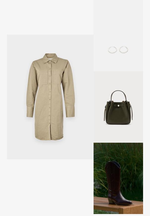 Kahaki Langarmhemdkleid aus Baumwolle, mit Knopfleiste, zwei Brusttaschen und abgerundetem Saum.; Dunkelbrauner Leder-Cowboystiefel mit niedrigem Absatz, der auf einer Holzbänke im Freien steht, mit hohem grünem Gras im Hintergrund.; Dunkelgrüne Lederhandtasche mit einem oberen Griff, gerafften Seiten und einem vorderen Riemen mit silbernem Knopfverschluss, vor einem einfarbigen Hintergrund gezeigt.; Ein Paar silberne Creolen mit dezenten eingravierten Details, auf einem schlichten weißen Hintergrund platziert.