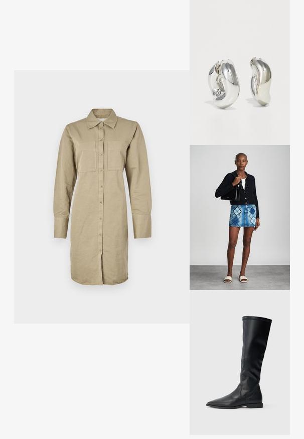 Khaki langærmet skjortekjole lavet af bomuld, med knaplukning foran, to brystlommer og en buet kant.; Sorte knæhøje støvler lavet af glat læder med spids tå og lav blokhæl. Designet har en elegant silhuet og minimalistiske detaljer.; Sort striktrøje, hvid top, denimnederdel med blå og sort diamantmønster, sort håndtaske og beige slidesandaler.; Sølvskulpturelle øreringe med glatte, buede former og reflekterende overflader. Har et lukket hoop-design og en markant organisk form.