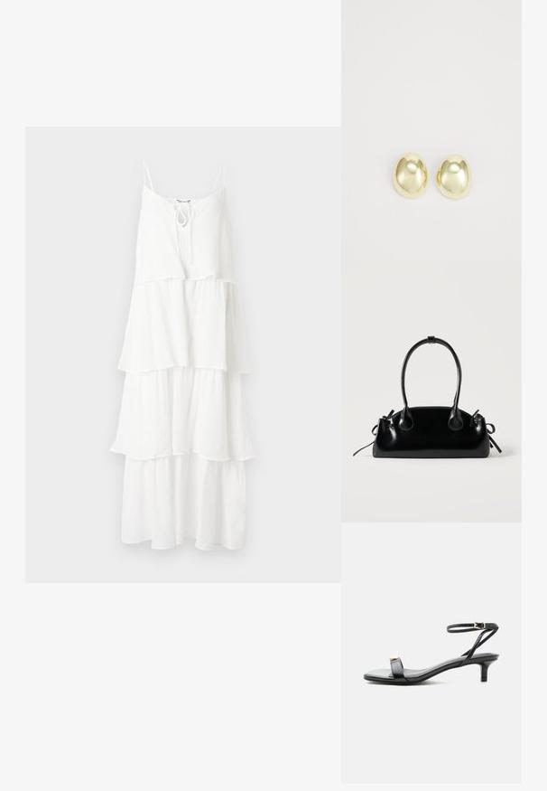 Robe blanche à volants en tissu texturé, avec de fines bretelles spaghetti et un détail noué au niveau du col.; Sandale noire en cuir à bout ouvert avec petit talon kitten, fine bride de cheville avec boucle dorée et accent décoratif doré sur la bride avant.; Petit sac à main noir brillant avec deux longues anses et des détails à cordon sur les côtés sur un fond clair uni.; Boucles d'oreilles en métal doré avec une forme lisse et arrondie et une finition polie. Design simple sans embellissements supplémentaires.