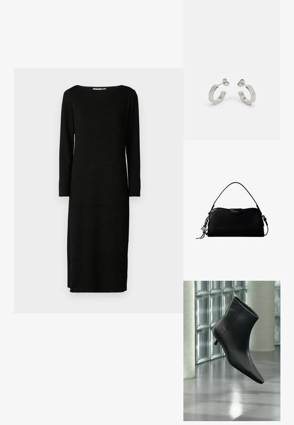 Vestido negro de manga larga con un patrón texturizado, escote barco y corte recto, que llega por debajo de la rodilla. Sin cierres ni adornos visibles.; Botín negro de cuero con punta puntiaguda y tacón bajo estilo kitten, mostrado en ángulo sobre un suelo pulido y con una pared de bloques de vidrio de fondo.; Bolso rectangular negro de Calvin Klein con una única correa superior, dije con el logo plateado y un pequeño cierre de solapa en la parte frontal.; Pendientes aros de metal plateado con un diseño texturizado, que cuentan con un pequeño respaldo de clip y una marca en uno de los aros. Forma redondeada con un acabado pulido.