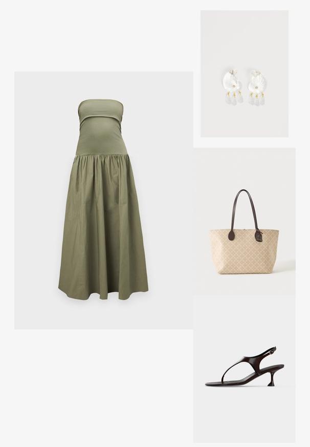 Robe maxi verte olive sans bretelles avec corsage ajusté et jupe ample et fluide, présentée sur un fond gris clair.; Sandale slingback en cuir verni marron foncé avec petit talon et bride entre les orteils sur fond blanc.; Sac fourre-tout beige avec un léger motif quadrillé, anses en cuir marron foncé et une petite étiquette attachée sur fond blanc.; Boucles d'oreilles en résine transparente en forme de coquillage avec de petits accents dorés et trois breloques translucides en forme de goutte pendantes sur chaque boucle d'oreille.