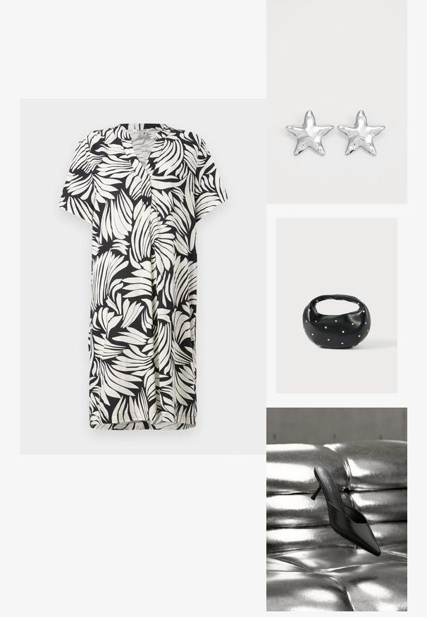 Short-sleeve mekko, jossa on V-pääntie, musta-valkoinen lehtikuosi kevyessä kankaassa, napitus ja rento istuvuus.; Mustat, kärjellään kartiomaiset mulesandaalit, joissa on ohut korko, asetettuna kiiltävälle, hopeanväriselle tupsutetulle pinnalle.; Musta nahkainen käsilaukku, jossa on pyöreä muoto, koristeltu hopeisilla niittikoristeilla ja lyhyt kahva. Sileä pinta ja vetoketjullinen suljenta.; Hopeakuvioiset tähti-korvakorut, joissa on kiiltävä pinta. Jokaisessa korvakorussa on viisi nuppia ja hienovarainen pinnan tekstuuri.
