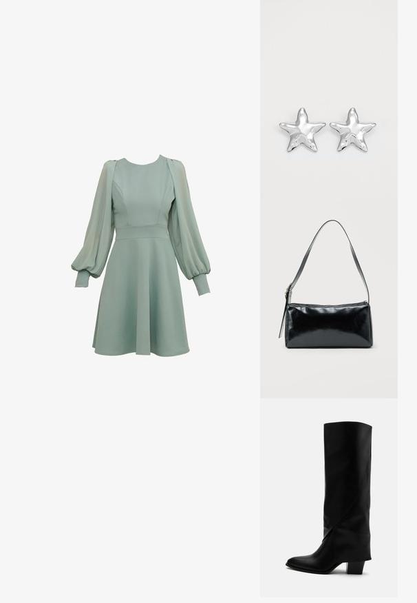 Minzgrünes Kleid mit Ballonärmeln, tailliertem Oberteil und ausgestellten Rock. Hergestellt aus glattem Stoff mit dezenten Nähten und Bündchen.; Hoher schwarzer Lederstiefel mit schräger Naht, spitzer Spitze und klobigem mittelhohem Absatz auf weißem Hintergrund.; Schwarze rechteckige Schultertasche mit einem verstellbaren Riemen und einem oberen Reißverschluss vor einfachem Hintergrund.; Silberne sternförmige Ohrringe mit einer polierten, glänzenden Oberfläche. Jeder Ohrring hat fünf Spitzen und dezente Oberflächentexturdetails.