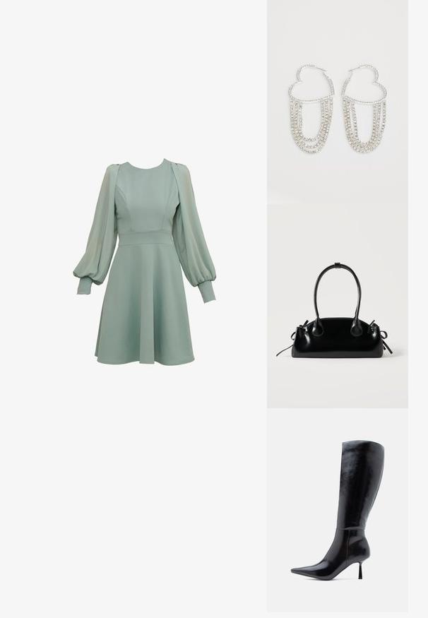Vestido verde menta con mangas abullonadas, corsé ajustado y falda acampanada. Hecho de una tela suave, con costuras y puños sutiles.; Botas de tacón alto negras hasta la rodilla con un acabado de cuero brillante, punta afilada y tacón delgado y cónico, que presentan una superficie lisa y un diseño elegante.; Pequeño bolso negro brillante con dos asas largas y detalles de cordón lateral sobre un fondo claro liso.; Pendientes de aro plateados en forma de corazón, con hebras en cascada de strass transparentes que aportan un brillo y textura adicionales.