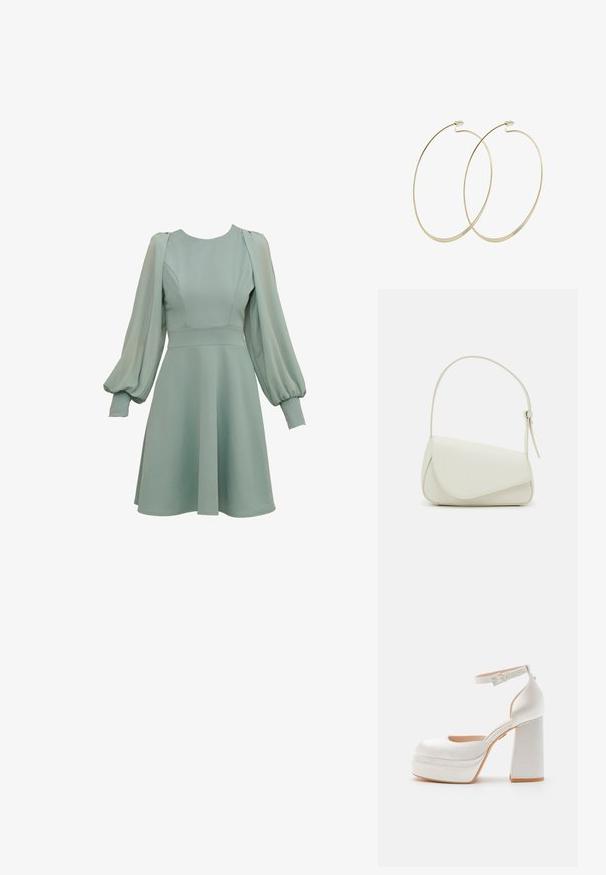 Mintgroene jurk met ballonmouwen, getailleerde taille en uitlopende rok. Gemaakt van gladde stof, met subtiele naden en manchetten.; Witte hoge hakken platform schoenen met een satijnen afwerking, brede blokhak, verstelbare enkelband en een afgerond te ontwerp.; Witte nepleren handtas met een gestructureerde driehoekige vorm, een enkele verstelbare schouderriem en een klep met ronde accenten.; Pilgrim Oorbellen - gold-coloured