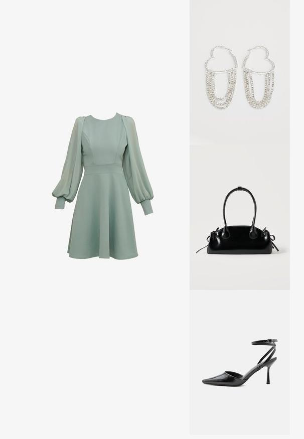 Mintgroene jurk met ballonmouwen, getailleerde taille en uitlopende rok. Gemaakt van gladde stof, met subtiele naden en manchetten.; Zwarte pumps met puntige neus, dunne enkelbandjes en een zilveren gesp op een effen lichte achtergrond.; Kleine zwarte glanzende handtas met twee lange hengsels en zijkant trekkoord details op een effen lichte achtergrond.; Zilveren oorringen in de vorm van een hart, versierd met watervalletjes van heldere rhinestones voor extra sprankeling en textuur.