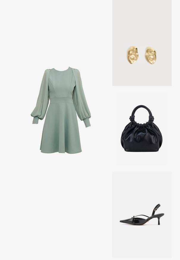 Minzgrünes Kleid mit Ballonärmeln, tailliertem Oberteil und ausgestellten Rock. Hergestellt aus glattem Stoff mit dezenten Nähten und Bündchen.; ALDO MARIETTA PILLOW WALK - Pumps - black; Schwarze weiche Lederhandtasche mit gerafftem oberen Teil und zwei dicken, zu Knoten gebundenen Griffen vor einem einfarbigen hellen Hintergrund.; Paar glänzende, unregelmäßig geformte Ohrstecker aus Goldmetall mit zerknitterter, glatter Oberfläche auf schlichtem hellem Hintergrund.