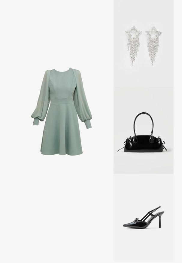 Mintgroene jurk met ballonmouwen, getailleerde taille en uitlopende rok. Gemaakt van gladde stof, met subtiele naden en manchetten.; Zwarte lakleren hoge hakken met slingback, puntige neus, dunne hak en dubbele banddetails over de wreef.; Kleine zwarte glanzende handtas met twee lange hengsels en zijkant trekkoord details op een effen lichte achtergrond.; Rhinestone ster oorbellen met waterval franje, in een zilverkleurige tint en een glanzend, reflecterend oppervlak. Stervorm met ingewikkeld ontwerp.