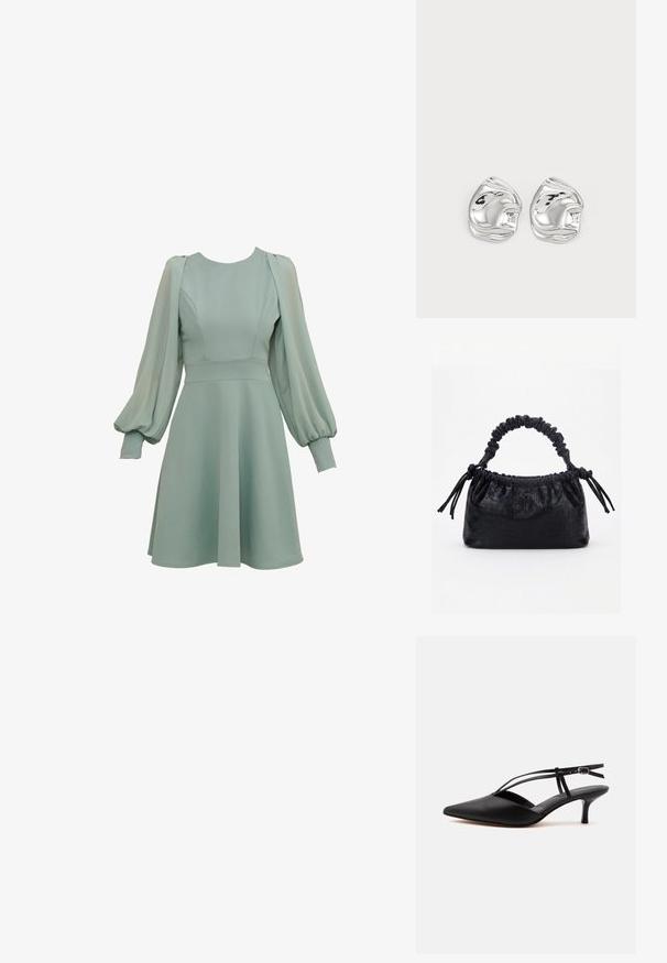 Mintgroene jurk met ballonmouwen, getailleerde taille en uitlopende rok. Gemaakt van gladde stof, met subtiele naden en manchetten.; Zwarte leren pumps met spits toelopende neus, kittenheel met dunne enkelriem en gesp, slingback ontwerp, op een effen lichte achtergrond.; Zwarte handtas met krokodillenstructuur, geplooide bovenrand, samengevoerde handgreep en koordtassels aan elke kant tegen een witte achtergrond.; Zilveren abstracte studs met een gepolijste afwerking, met gladde rondingen en subtiele contouren. Geen zichtbare patronen of accenten.