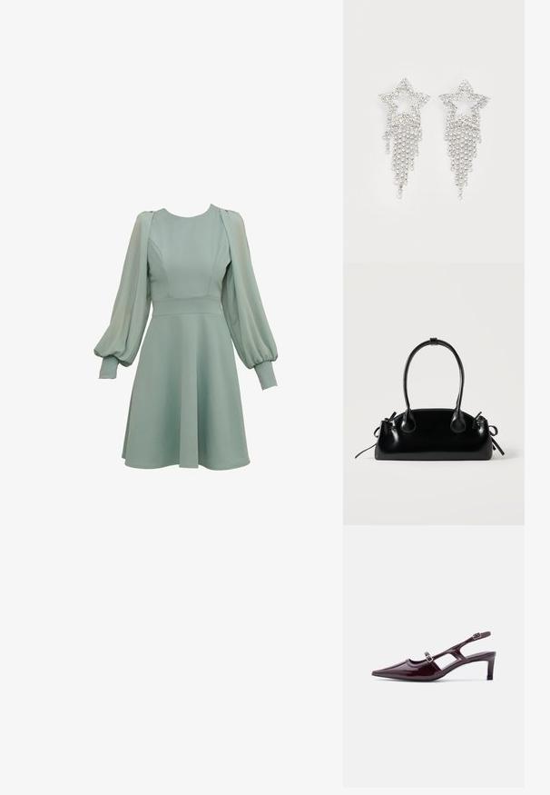 Minzgrünes Kleid mit Ballonärmeln, tailliertem Oberteil und ausgestellten Rock. Hergestellt aus glattem Stoff mit dezenten Nähten und Bündchen.; Bordeauxfarbener Slingback-Schuh aus Lackleder mit spitzer Zehenpartie, niedrigem Absatz und doppelten verstellbaren Schnallenriemen.; Kleine schwarze glänzende Handtasche mit zwei langen Griffen und seitlichen Kordelzug-Details vor einfachem hellem Hintergrund.; Glitzernde Sternohrringe mit herabhängendem Fransen-Detail, in silberner Farbe und mit einer glänzenden, reflektierenden Oberfläche. Sternform mit filigranem Design.
