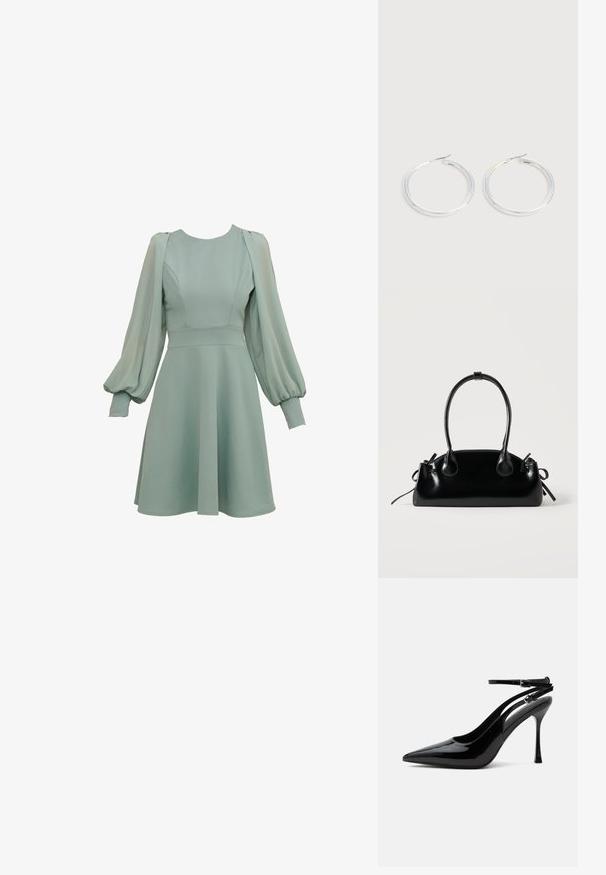 Vestido verde menta con mangas abullonadas, corsé ajustado y falda acampanada. Hecho de una tela suave, con costuras y puños sutiles.; Zapato destalonado de piel de charol negra con tacón alto, punta puntiaguda y doble tirante en el tobillo con hebillas plateadas.; Pequeño bolso negro brillante con dos asas largas y detalles de cordón lateral sobre un fondo claro liso.; Pareja de pendientes de aro plateados brillantes con cierres de alambre delgado, mostrados sobre un fondo gris claro.