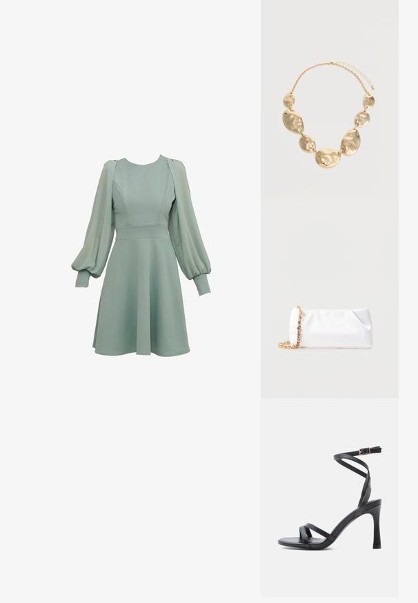 Mintgroene jurk met ballonmouwen, getailleerde taille en uitlopende rok. Gemaakt van gladde stof, met subtiele naden en manchetten.; Zwarte sandalen met hoge hak en elegant ontwerp, voorzien van twee smalle bandjes over de tenen en een gekruist enkelbandje met gespsluiting.; Witte zachte clutchtas met goudkleurige kettingriem versierd met heldere edelstenen, geplaatst tegen een effen lichtgrijze achtergrond.; Goudkleurige ketting met zes onregelmatige, hamerslag ovale en ronde metalen platen aan elkaar gekoppeld en verstelbare sluiting.