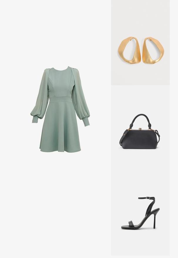 Minzgrünes Kleid mit Ballonärmeln, tailliertem Oberteil und ausgestellten Rock. Hergestellt aus glattem Stoff mit dezenten Nähten und Bündchen.; Schwarze High-Heels-Sandalen mit schlankem Knöchelriemen und zwei vorderen Riemen. Aus glattem Leder gefertigt, mit einer eleganten spitzen Zehenform und einem Stiletto-Absatz.; Schwarze Lederhandtasche mit abgerundetem Deckel, kurzen Griff und abnehmbarem Schulterriemen. Verfügt über einen metallischen Verschluss und eine glatte Textur.; Paar unregelmäßiger, asymmetrischer goldener Creolen mit glatter, matter Oberfläche vor neutralem Hintergrund.