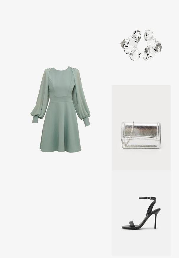 Vestido verde menta con mangas abullonadas, corsé ajustado y falda acampanada. Hecho de una tela suave, con costuras y puños sutiles.; Sandalia negra de tacón alto con una correa delgada en el tobillo y dos bandas en la parte frontal. Hecha de cuero suave con una punta afilada y tacón de aguja.; Bolso de mano metálico plateado con textura suave, cierre de solapa y cadena para el hombro. Presenta un diseño rectangular estructurado y acentos cosidos.; Conjunto de seis piezas de forma irregular, translúcidas y reflectantes, similares al vidrio, dispuestas sobre un fondo blanco.