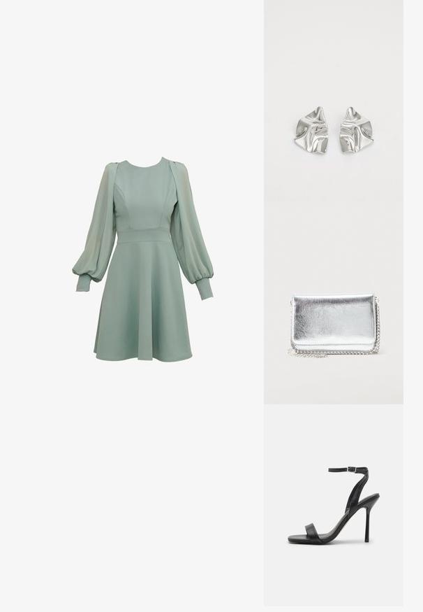 Minzgrünes Kleid mit Ballonärmeln, tailliertem Oberteil und ausgestellten Rock. Hergestellt aus glattem Stoff mit dezenten Nähten und Bündchen.; Schwarze High-Heels-Sandalen mit schlankem Knöchelriemen und zwei vorderen Riemen. Aus glattem Leder gefertigt, mit einer eleganten spitzen Zehenform und einem Stiletto-Absatz.; Kleine rechteckige silberne Metalltasche mit Kettenriemen, die auf einer hellen Oberfläche liegt, geschlossene Klappe zeigt nach vorne.; Silberne Metallohrringe mit einem wellenförmigen, skulpturalen Design, das eine polierte Oberfläche und unregelmäßige Formen aufweist, die eine zeitgenössische Ästhetik betonen.