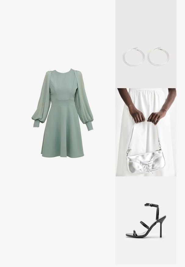 Robe vert menthe avec des manches ballon, corsage ajusté et jupe évasée. Confectionnée en tissu lisse, avec des coutures et des poignets subtils.; Sandales à talons hauts en cuir verni noir avec trois sangles horizontales et une sangle de cheville ajustable. Silhouette élégante et finition brillante.; Sac à main en métal argenté avec un détail à lacets, arborant un design épuré et une courte sangle. Le sac est tenu dans les mains, mettant en valeur sa texture.; Paire de boucles d'oreilles créoles argentées brillantes avec fermoirs en fil fin, présentée sur un fond gris clair.