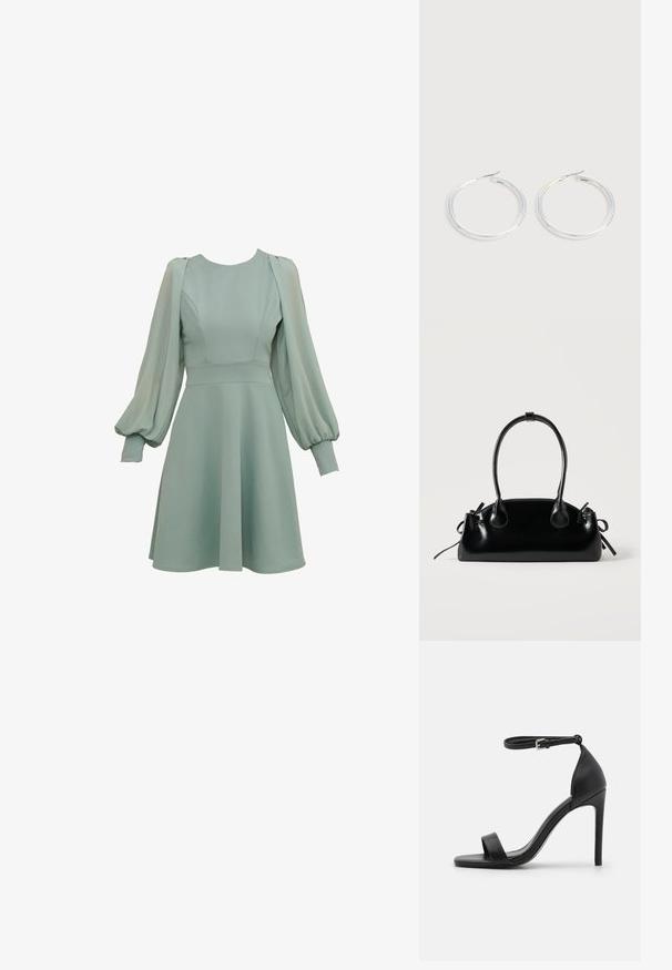 Mintgrøn kjole med ballonærmer, tætsiddende liv og udvidet skørt. Lavet af glat stof, med diskrete sømme og manchetter.; Sort højhælet sandal med et sleek design, der har en ankelrem, åben tå og glat lædertekstur.; Lille sort blank håndtaske med to lange håndtag og snøre-detaljer i siden på en ensfarvet lys baggrund.; Par skinnende sølvøreringe med tynde trådlåse, vist på en lys grå baggrund.