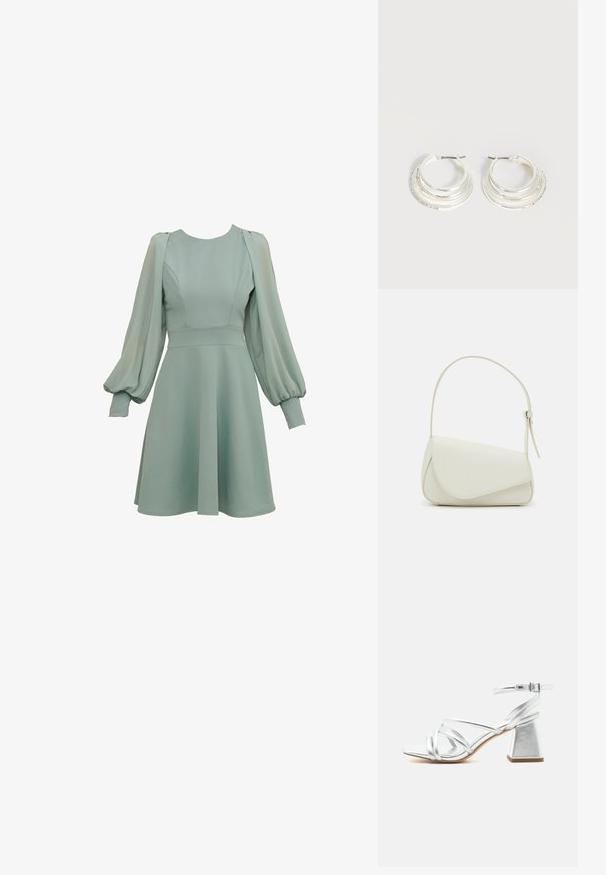 Mintgroene jurk met ballonmouwen, getailleerde taille en uitlopende rok. Gemaakt van gladde stof, met subtiele naden en manchetten.; Zilverkleurige sandalen met bandjes, blokhak en enkelriempje met gesp, open teen en gladde zool op een effen witte achtergrond.; Witte nepleren handtas met een gestructureerde driehoekige vorm, een enkele verstelbare schouderriem en een klep met ronde accenten.; Zilveren oorringen met drie gelaagde halve cirkelvormige banden, waarvan één versierd met kleine heldere kristallen op een lichte achtergrond.