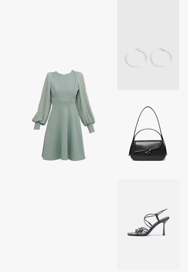 Minzgrünes Kleid mit Ballonärmeln, tailliertem Oberteil und ausgestellten Rock. Hergestellt aus glattem Stoff mit dezenten Nähten und Bündchen.; Schwarze, hochhackige Sandalen mit dünnen Riemen und einem geknoteten Design, einer glatten, rechteckigen Zehenpartie und einem eleganten Stiletto-Absatz.; Schwarze Lederschultertasche mit einer geschwungenen Klappe, die durch einen runden Metallverschluss gesichert ist, und einem schlanken, verstellbaren Riemen.; Paar glänzende silberne Creolen mit dünnen Drahtverschlüssen, dargestellt vor einem hellgrauen Hintergrund.