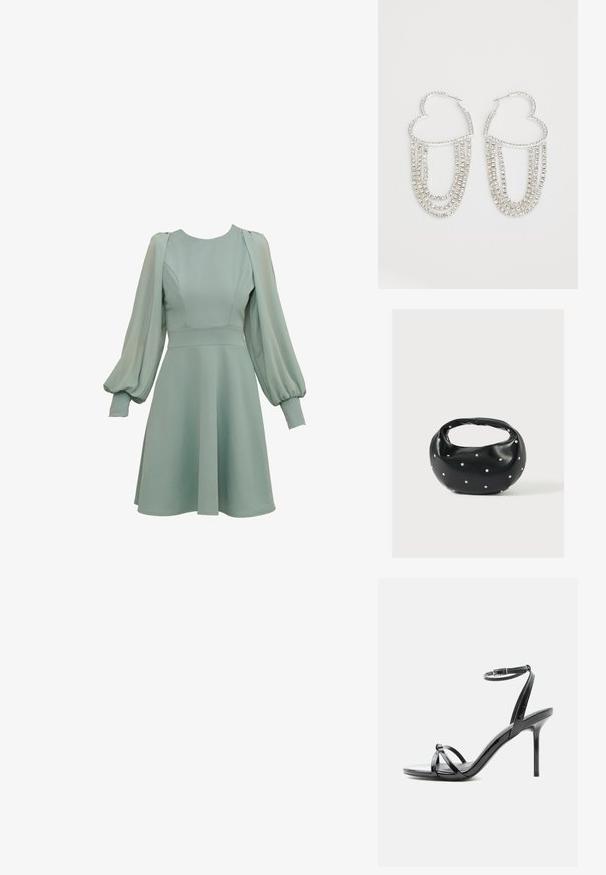 Minzgrünes Kleid mit Ballonärmeln, tailliertem Oberteil und ausgestellten Rock. Hergestellt aus glattem Stoff mit dezenten Nähten und Bündchen.; Schwarze Sandale aus Lackleder mit hohen Absätzen, dünnen Riemen über den Zehen und einem Knöchelriemen mit Schnalle auf weißem Hintergrund.; Schwarze Lederhandtasche mit abgerundeter Form, verziert mit silbernen Nietenakzenten und kurzem Griff. Glatte Struktur und Reißverschlussverschluss.; Silberne Creolen in Herzform, verziert mit herabhängenden Strängen aus klaren Strasssteinen für zusätzlichen Glanz und Textur.