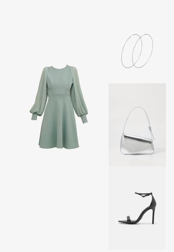 Vestido verde menta con mangas abullonadas, corsé ajustado y falda acampanada. Hecho de una tela suave, con costuras y puños sutiles.; Sandalias de tacón alto negras con punta abierta, tiras delgadas y hebilla en el tobillo. Textura de cuero suave con un diseño de punta afilada.; Bolso de mano metálico plateado con forma triangular, textura suave y una fina correa de hombro ajustable. Presenta un diseño plegable con costuras.; Pendientes de aro plateados con un diseño minimalista. Forma circular, textura suave y perfil delgado. Livianos con un acabado pulido.
