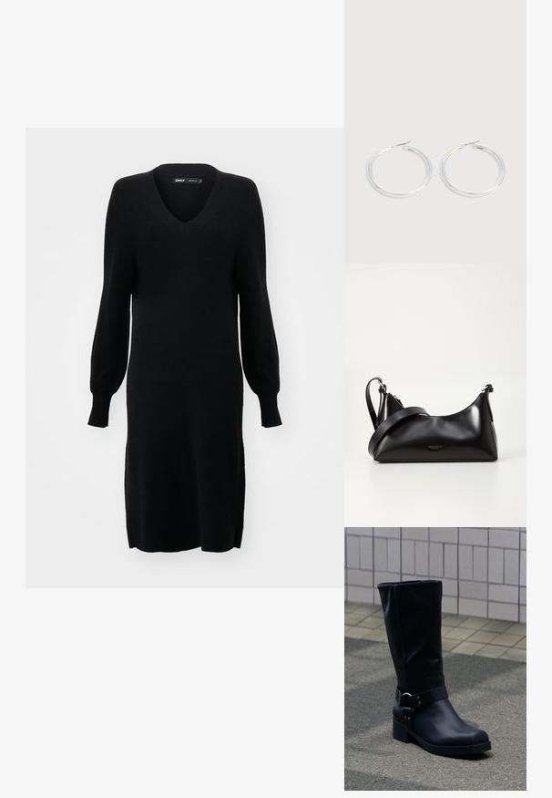 Schwarzes Strickkleid mit V-Ausschnitt, langen Ballonärmeln und seitlichen Schlitzen. Der Stoff hat eine weiche Textur und eine lockere Silhouette.; Schwarzer Lederstiefel bis zur Mitte der Wade mit niedrigem Blockabsatz und dekorativem Riemen mit Metallschnalle um den Knöchel, auf einem gefliesten Gehweg.; Schwarze lederne Handtasche mit glatter Textur. Verfügt über einen verstellbaren Riemen und ein elegantes, minimalistisches Design mit einem Reißverschluss.; Paar glänzende silberne Creolen mit dünnen Drahtverschlüssen, dargestellt vor einem hellgrauen Hintergrund.