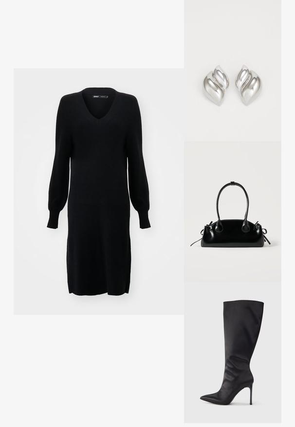 Schwarzes Strickkleid mit V-Ausschnitt, langen Ballonärmeln und seitlichen Schlitzen. Der Stoff hat eine weiche Textur und eine lockere Silhouette.; Schwarzer kniehoher Stiletto-Stiefel aus glattem, elegantem Material; spitze Zehe; enganliegend mit subtilen Falten nahe dem Knöchel; glänzender Absatz.; Kleine schwarze glänzende Handtasche mit zwei langen Griffen und seitlichen Kordelzug-Details vor einfachem hellem Hintergrund.; Silberne Ohrringe mit einer organischen, abstrakten Form. Glatte, glänzende Oberfläche mit einem konischen Design. Mit dezenten Kurven und einem zentralen Linienelement.