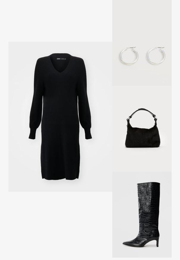 Schwarzes Strickkleid mit V-Ausschnitt, langen Ballonärmeln und seitlichen Schlitzen. Der Stoff hat eine weiche Textur und eine lockere Silhouette.; Schwarze kniehohe Stiefel mit glänzender, krokodilgeprägter Textur, spitzer Zehenpartie und schmalem Absatz. Glattes synthetisches Material.; Schwarze Kunstfell-Handtasche mit weicher Textur, runder Form und einem stabilen schwarzen Leder-Schulterriemen. Sichtbare silberne Hardware-Akzente.; Paar mittelgroße glänzende silberne Hoop-Ohrringe mit dünnen Metallverschlüssen auf hellem neutralem Hintergrund.
