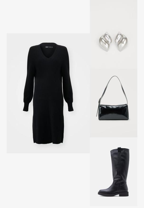 Schwarzes Strickkleid mit V-Ausschnitt, langen Ballonärmeln und seitlichen Schlitzen. Der Stoff hat eine weiche Textur und eine lockere Silhouette.; Knielange schwarze Lederstiefel mit glatter Oberfläche, abgerundeter Spitze, niedrigem Blockabsatz und einer Schlaufe an der Rückseite für einfaches An- und Ausziehen. Seitliche Nahtdetails sichtbar.; Schwarze rechteckige Schultertasche mit einem verstellbaren Riemen und einem oberen Reißverschluss vor einfachem Hintergrund.; Silberne Ohrringe mit einer organischen, abstrakten Form. Glatte, glänzende Oberfläche mit einem konischen Design. Mit dezenten Kurven und einem zentralen Linienelement.