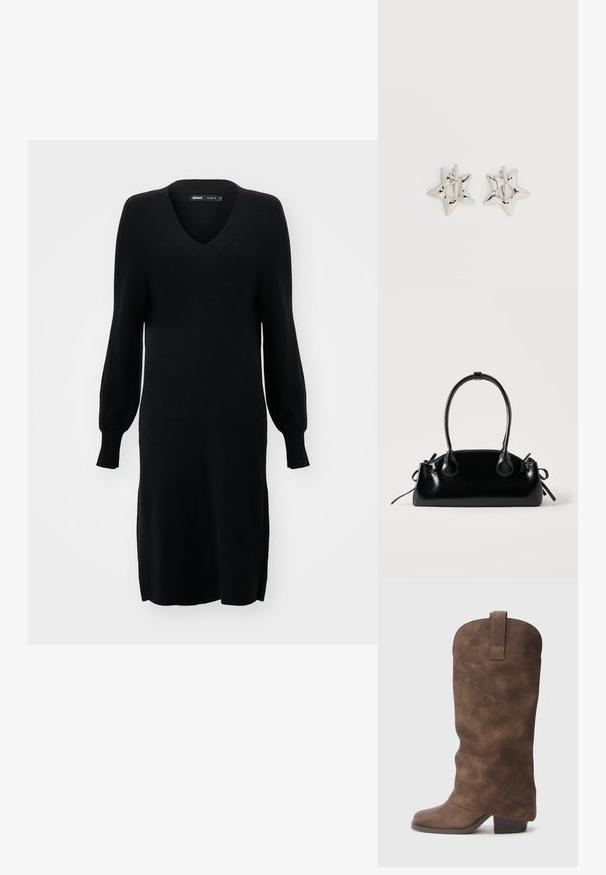 Schwarzes Strickkleid mit V-Ausschnitt, langen Ballonärmeln und seitlichen Schlitzen. Der Stoff hat eine weiche Textur und eine lockere Silhouette.; Braune synthetische kniehohe Stiefel mit runder Spitze und Blockabsatz, die über eine glatte Textur und eine Schlaufe an der Oberseite verfügen.; Kleine schwarze glänzende Handtasche mit zwei langen Griffen und seitlichen Kordelzug-Details vor einfachem hellem Hintergrund.; Silberne, sternförmige Creolen mit einer glatten, polierten Oberfläche auf weißem, schlichtem Hintergrund.