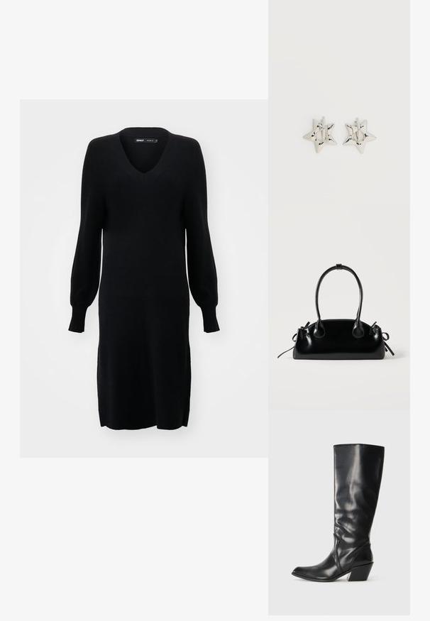 Schwarzes Strickkleid mit V-Ausschnitt, langen Ballonärmeln und seitlichen Schlitzen. Der Stoff hat eine weiche Textur und eine lockere Silhouette.; Schwarze Leder-Stiefel bis zum Knie mit spitzem Zeh, angularer Ferse und glatter Textur. Verfügt über einen dezenten gesteppten Akzent an der Seite.; Kleine schwarze glänzende Handtasche mit zwei langen Griffen und seitlichen Kordelzug-Details vor einfachem hellem Hintergrund.; Silberne, sternförmige Creolen mit einer glatten, polierten Oberfläche auf weißem, schlichtem Hintergrund.