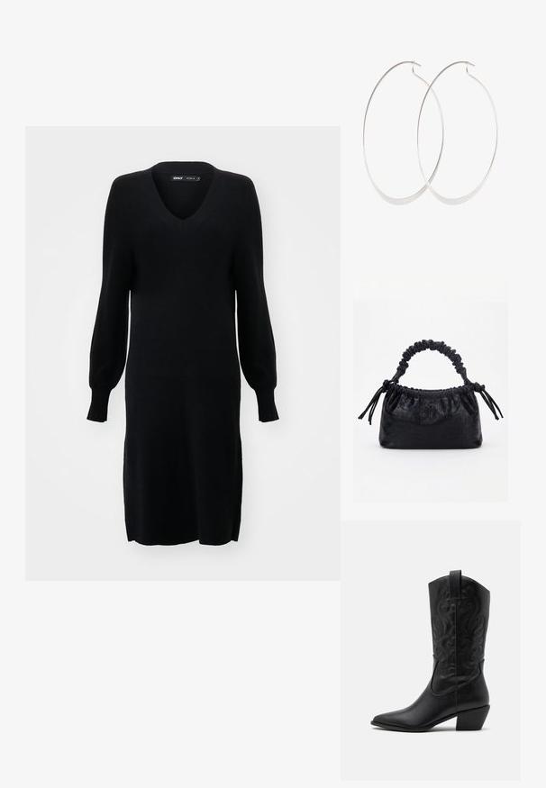 Schwarzes Strickkleid mit V-Ausschnitt, langen Ballonärmeln und seitlichen Schlitzen. Der Stoff hat eine weiche Textur und eine lockere Silhouette.; Schwarze Leder-Cowboy-Stiefel mit spitzem Zeh, geprägten, wirbelnden Mustern und einem mittelhohen Absatz. Mit einem Zuglasche für einfaches An- und Ausziehen.; Schwarze Handtasche mit Krokodilstruktur, gerafftem oberen Rand, zusammengezogenem Griff und Zugkordeln mit Quasten an jeder Seite vor weißem Hintergrund.; Silberne Creolen mit einem dünnen, glatten Design; länglich-ovale Form; polierte Oberfläche; ausgestattet mit einem sicheren Hakenverschluss.